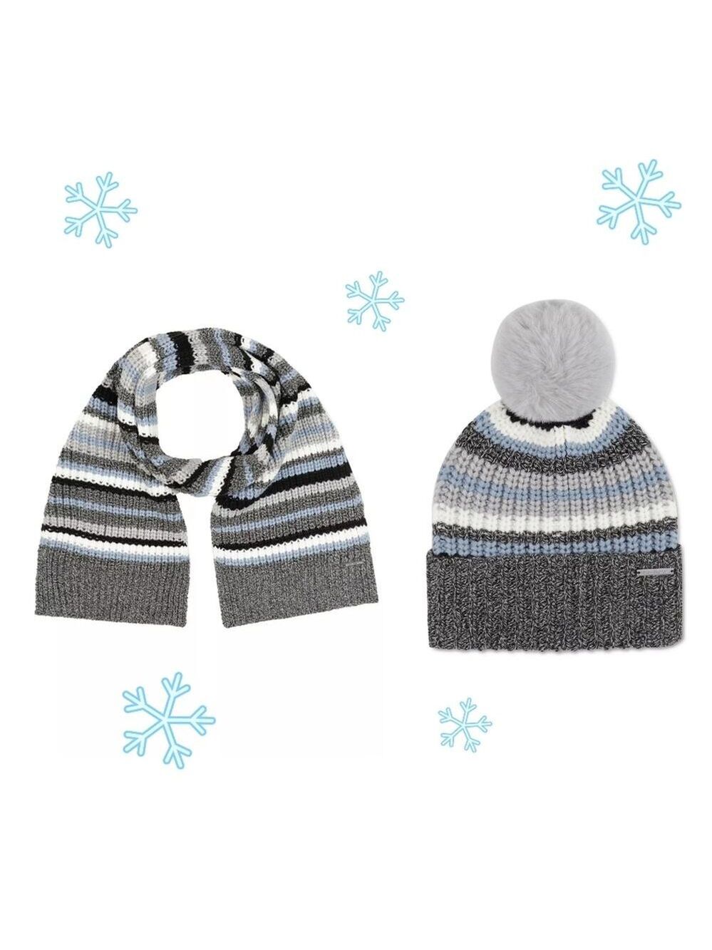 MICHAEL KORS SCARF & HAT WOMEN'S TWEED SHAKER STRIPE SCARF & STRIPED RIBBED HAT